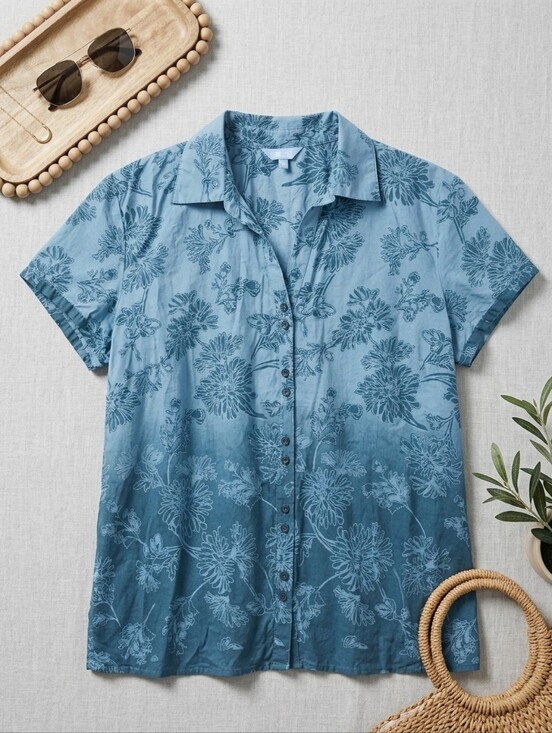 Denver Hayes Tops - Denver Hayes XL Floral Button Down Shirt Blue Ombre Cottagecore Summer Casual